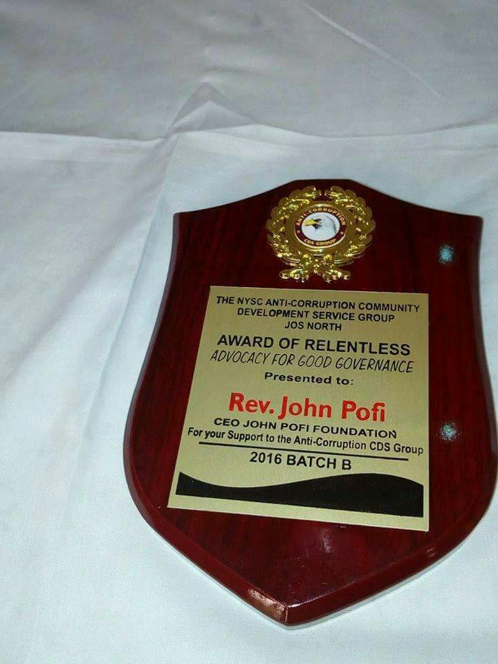 Rev. John Pofi bags distinguished award of honour as an “Advocate of Good Governance”