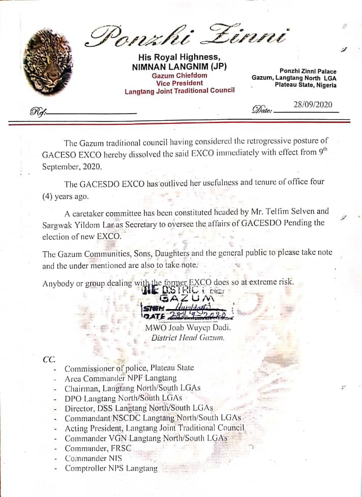 Gazum Traditional Council Dissolves GACESDO National Exco, Appoints Caretaker Committee Headed by Telfim Selven