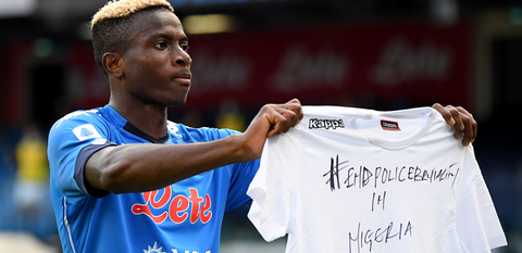 Osimhen celebrates first Serie A goal with #EndPoliceBrutality shirt