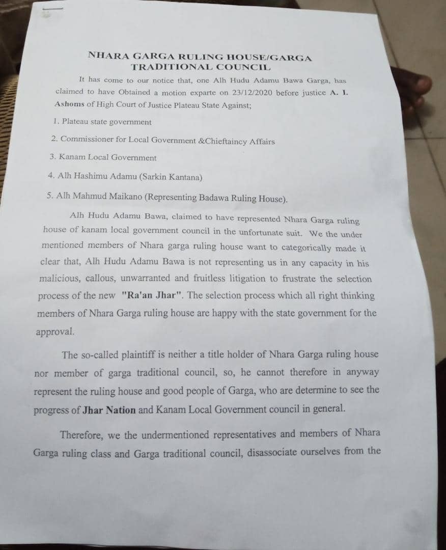 Nhara Garga Ruling House/Garga Traditional Council in kanam LGC disowned Alhaji Hudu Adamu Bawa Garga for representing them.