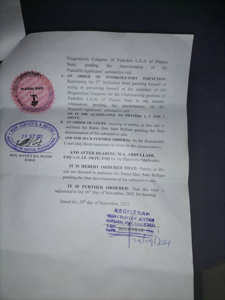 No Candidate for APC in Pankshin as Court Restrains APC, PLASIEC from Recognizing Hon. Kakmena