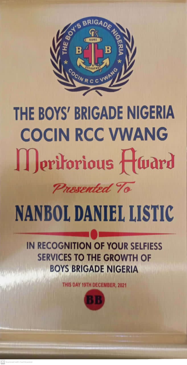 Hon. Nanbol Listick Gets Meritorious Award From Boys Brigade Nigeria
