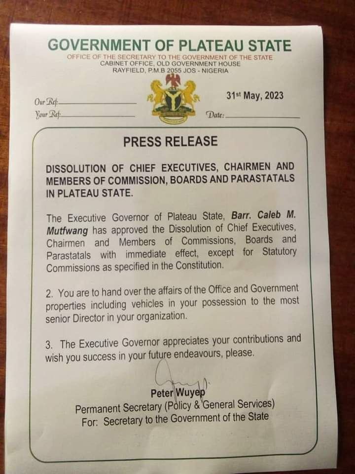 Breaking: Gov. Mutfwang dissolves Chief Executives, Chairmen and Members of Commission, Boards and Parastatals
