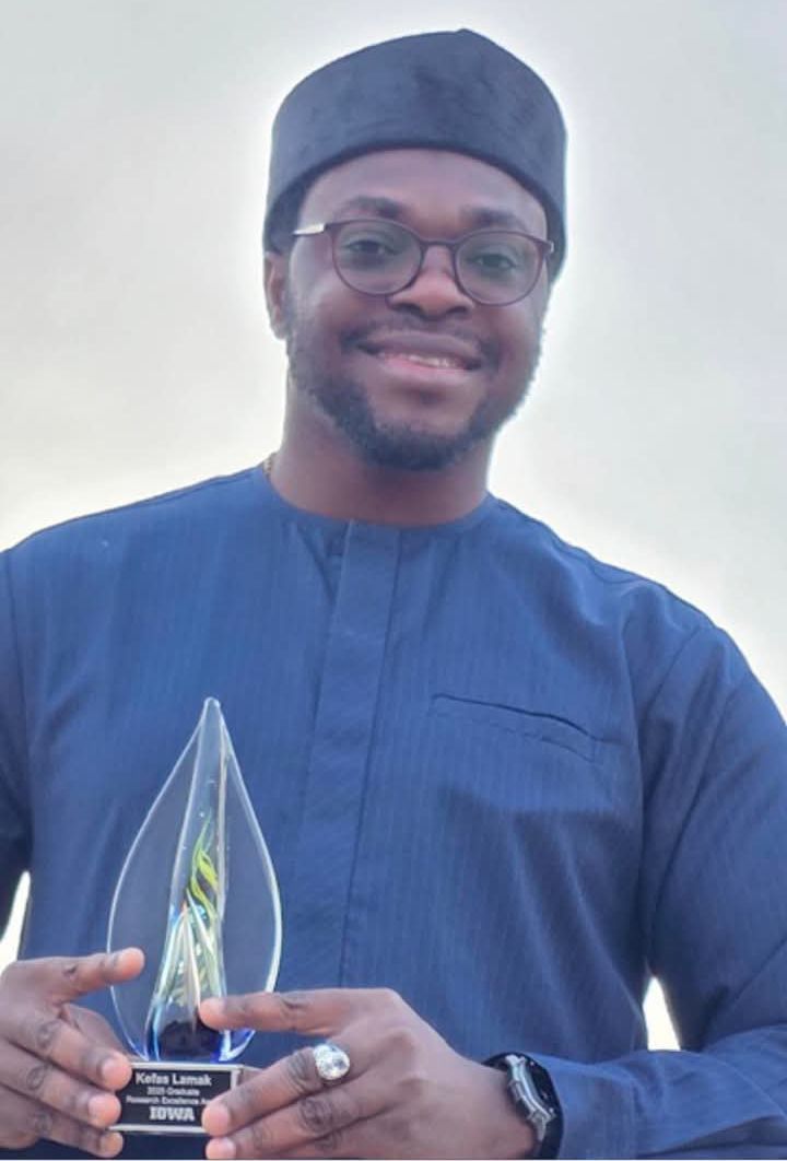 Kefas Lamak, From Plateau State Makes History, Becomes First African to Win Prestigious University of Iowa’s Graduate Research Excellence Award